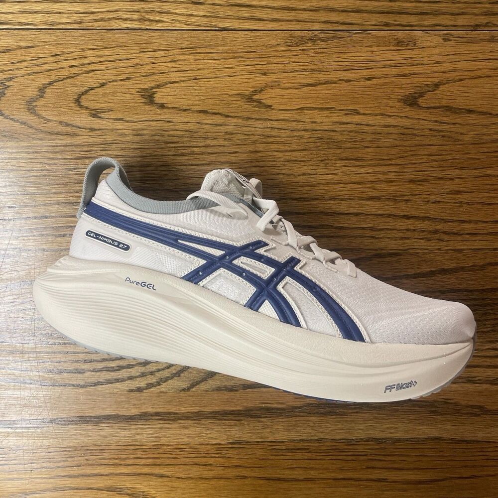 ASICS Gel Nimbus 27 ATC Running Shoes Womens Size 9.5 Birch White Indigo Blue